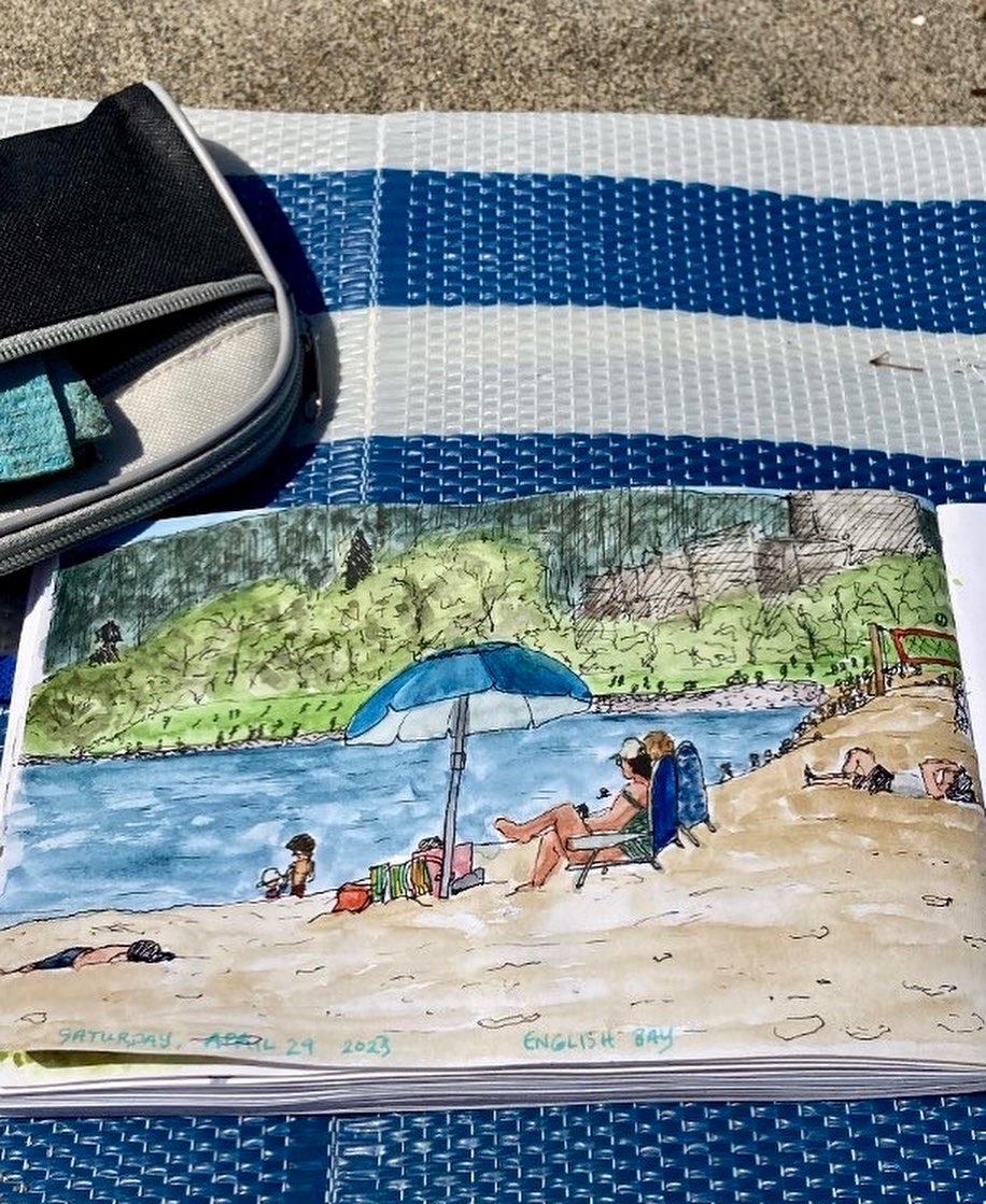 A sketch in ink and watercolour of some people at the beach