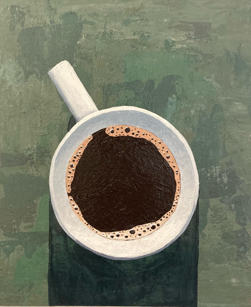 A painting of a cup of coffee from directly above against a green roughly textured background