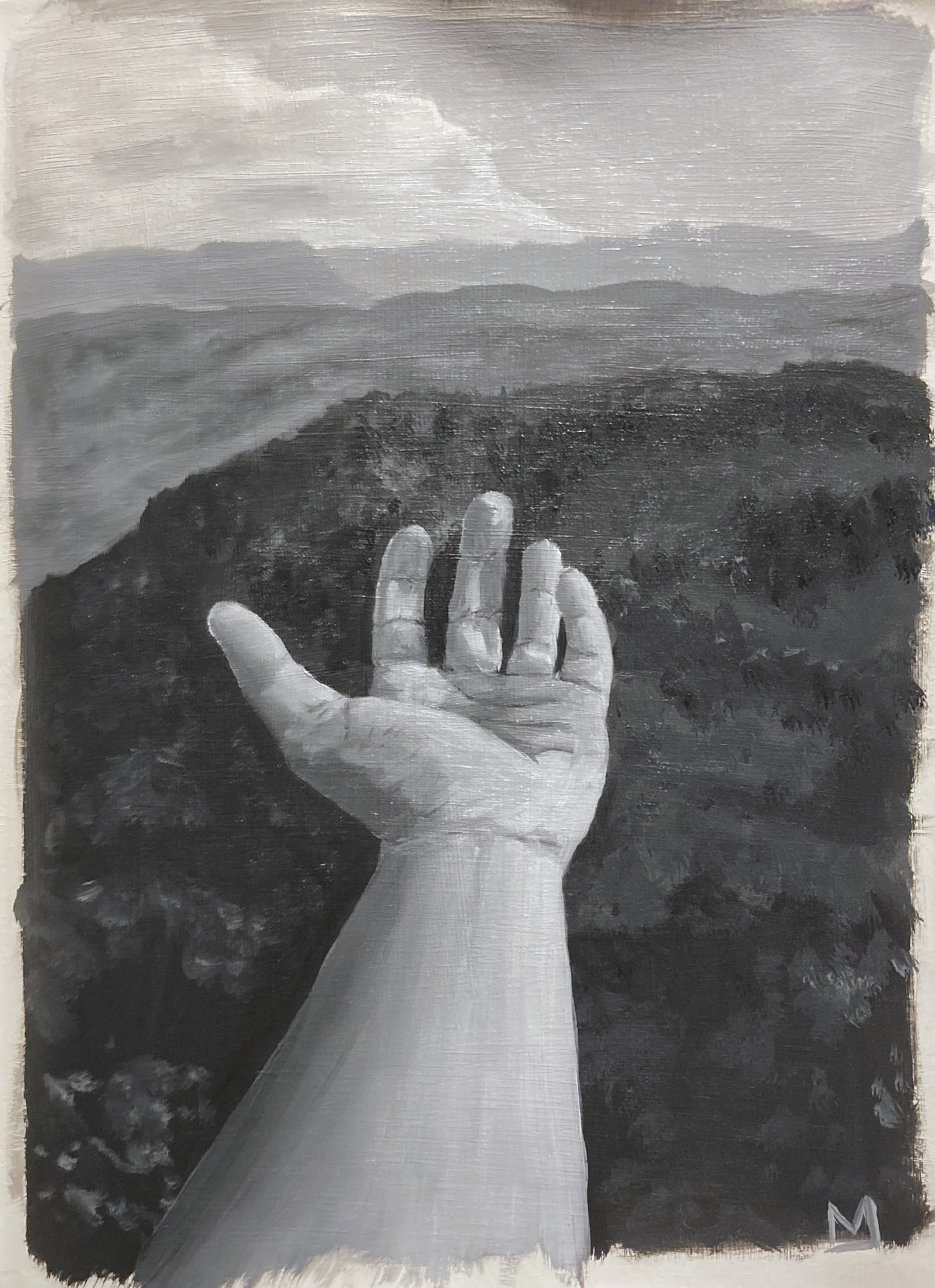 A black and white oil painting of a hand reaching out over a landscape of rolling hills