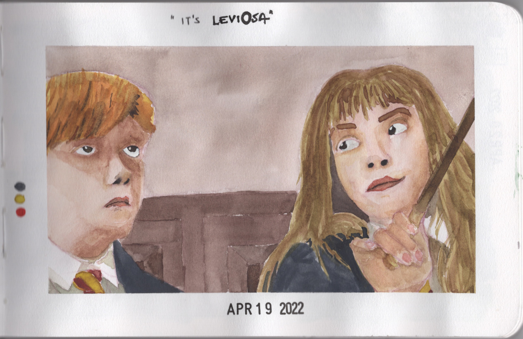 A watercolor painting of a scene from Harry Potter where Hermione demonstrates how to use Wingardium Leviosa in front of a dismayed looking Ron