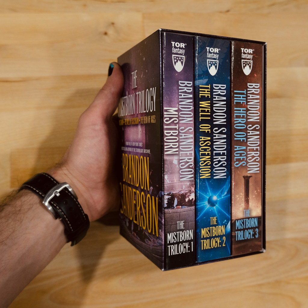A boxed book set of the Mistborn trilogy by Brandon Sanderson